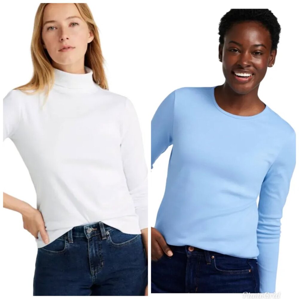 L.L. BEAN (2) 100% Supima Cotton Shirts  White turtleneck Blue crewneck  SZ S